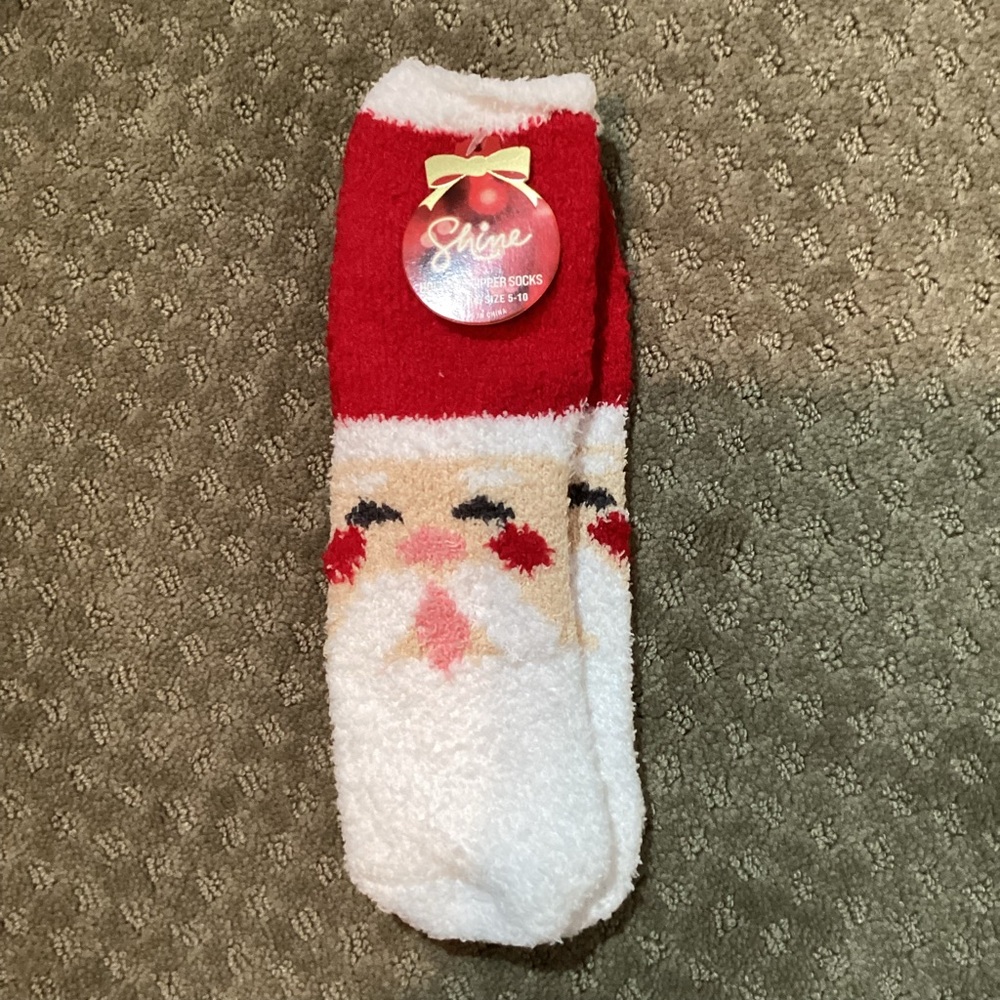 Shine 🆕 Holiday Slipper Red and White Santa Fuzzy Socks, fits sizes 5-10. Bundle